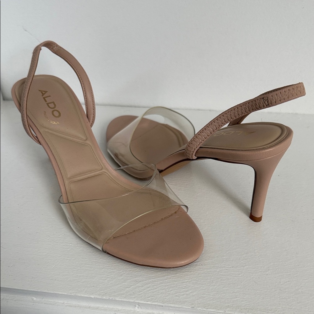 Aldo Blush Tan Heeled Slingback Sandals with Clear Strap